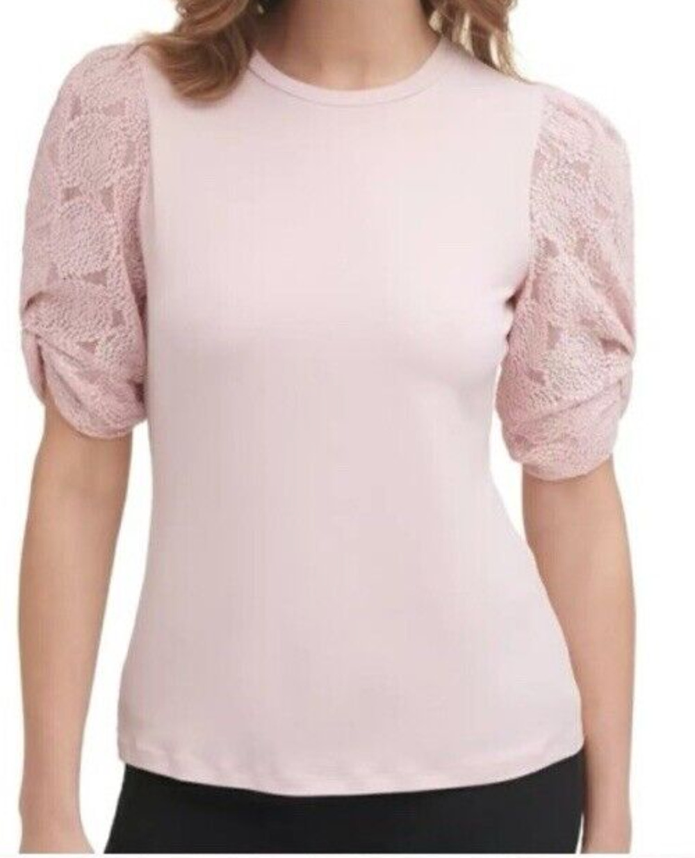 DKNY Women's SZ Small Blouse Pink Lace Puff Sleeve Crew Neck Coquette Romantic